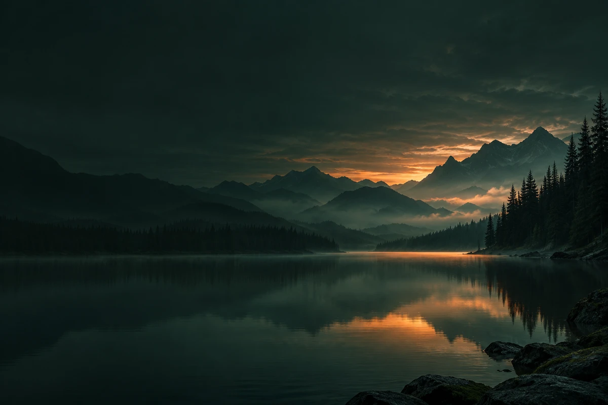 DuskDefender artwork: a tranquil mountain lake at dusk with deep green forests and a copper horizon.