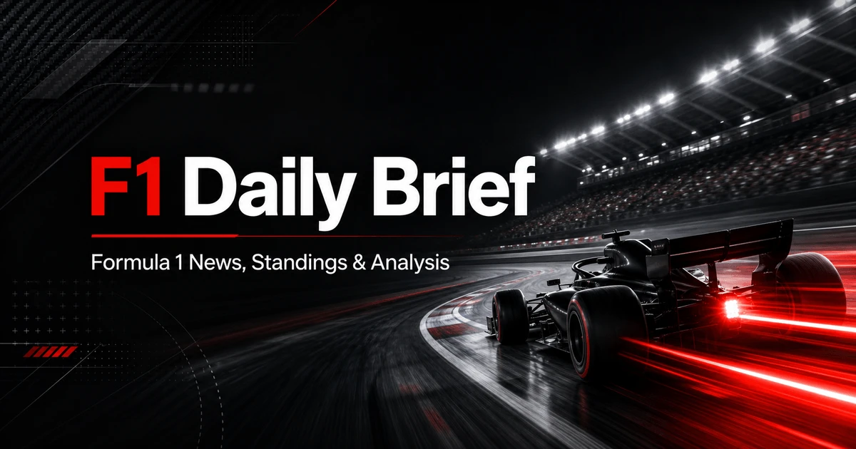 F1 Daily Brief brand artwork: a Formula 1 car racing beneath circuit floodlights.