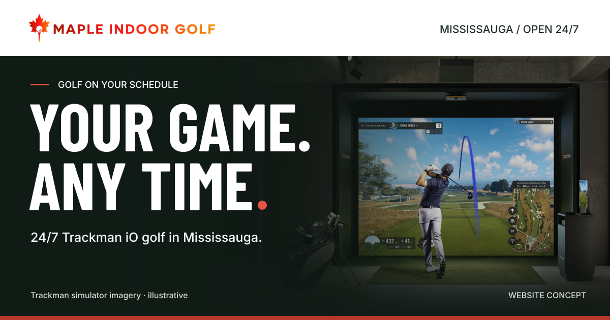 Maple Indoor Golf redesign concept artwork with the headline Your Game. Any Time. and an illustrative Trackman simulator scene.