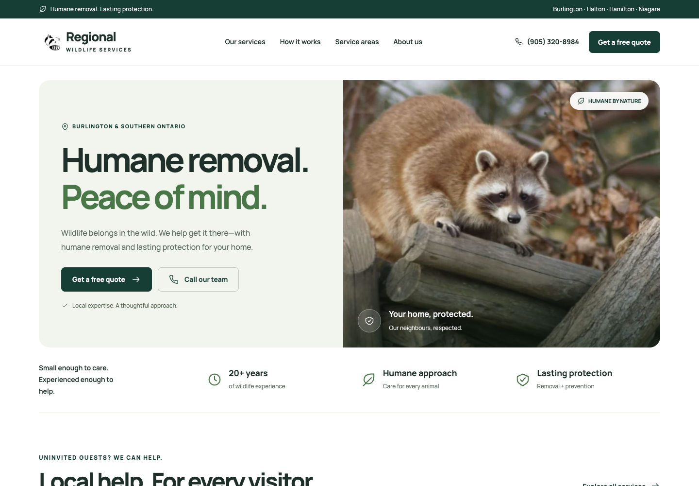 Regional Wildlife Services website concept showing its green-and-white homepage and raccoon photography.